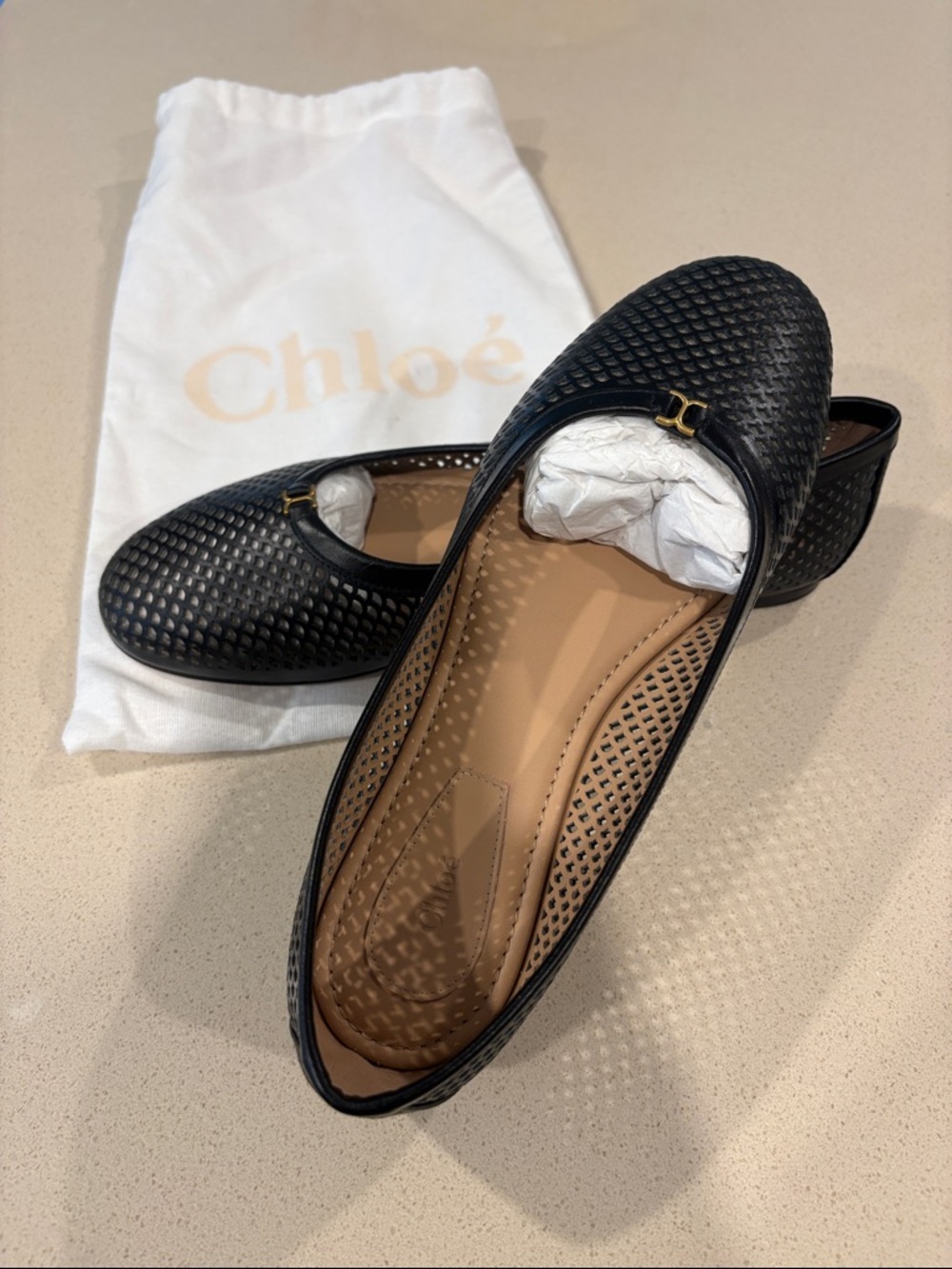 Chloé Black Woven Leather Ballet Flats with Gold Accent